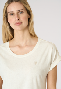 T-shirt girocollo da donna in misto cotone e lino con spacchi laterali