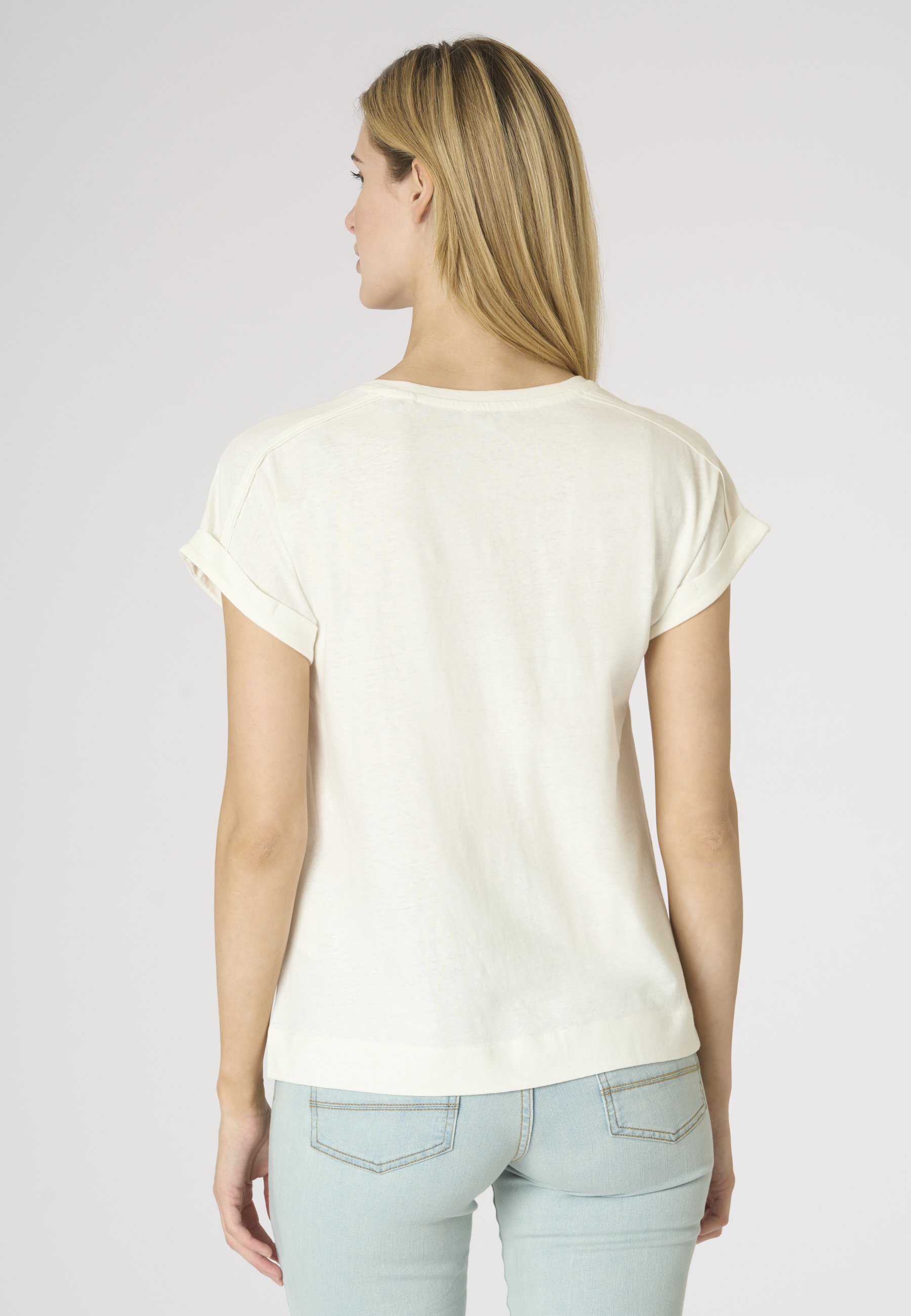 T-shirt girocollo da donna in misto cotone e lino con spacchi laterali