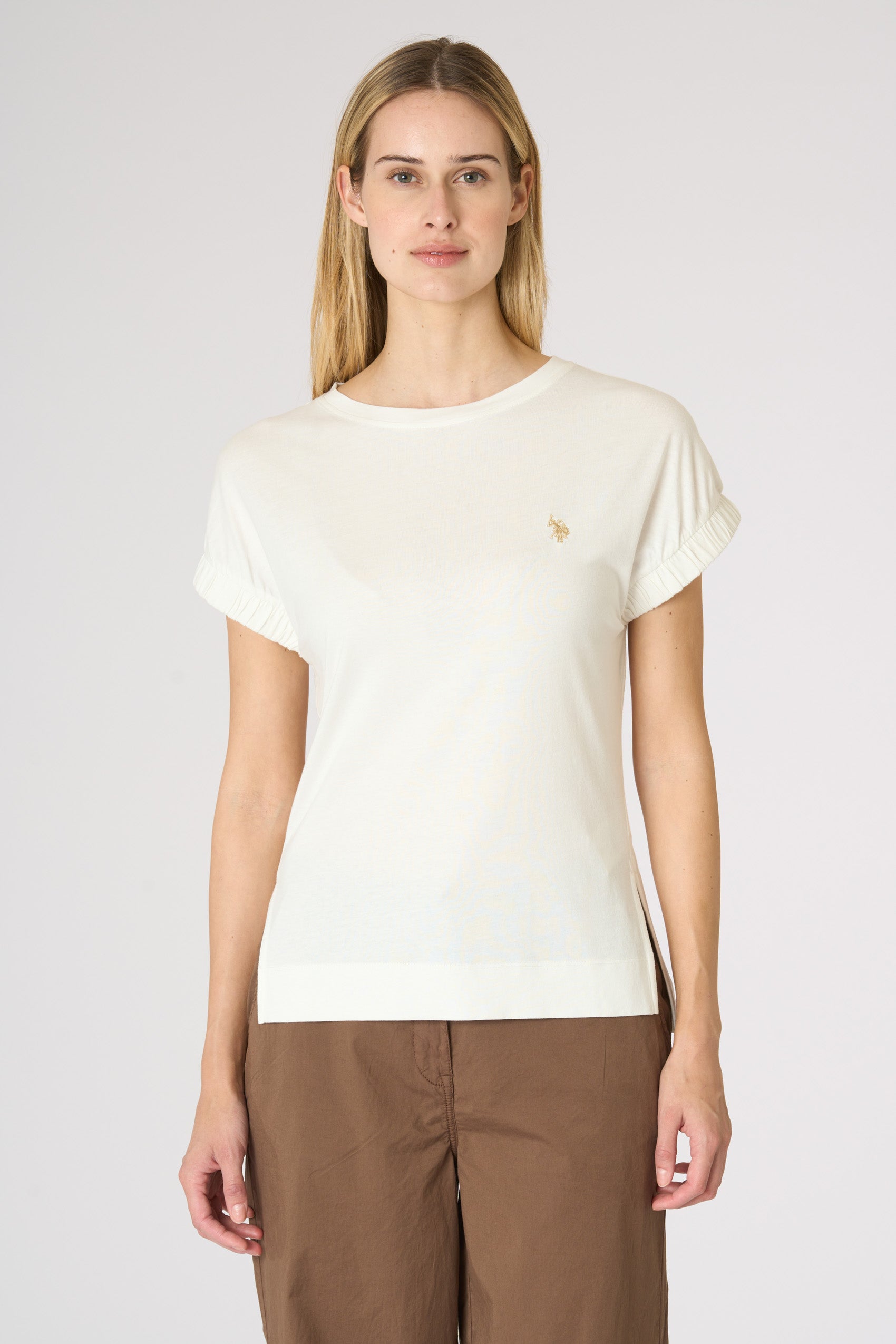 T-shirt da donna in misto cotone e viscosa con maniche arricciate