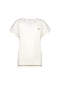 T-shirt da donna in misto cotone e viscosa con maniche arricciate