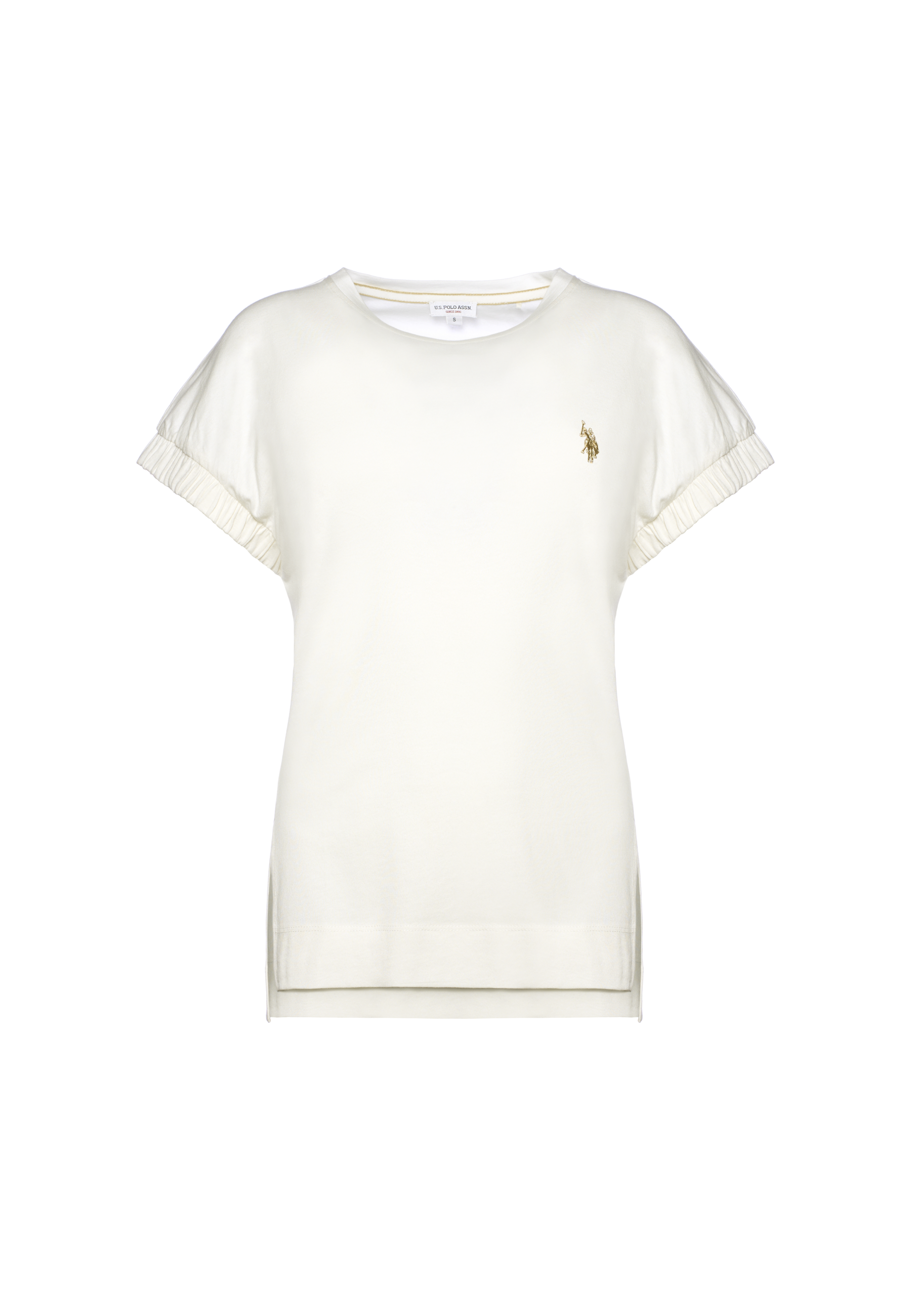 T-shirt da donna in misto cotone e viscosa con maniche arricciate