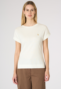 T-shirt da donna in misto cotone e viscosa con maniche arricciate