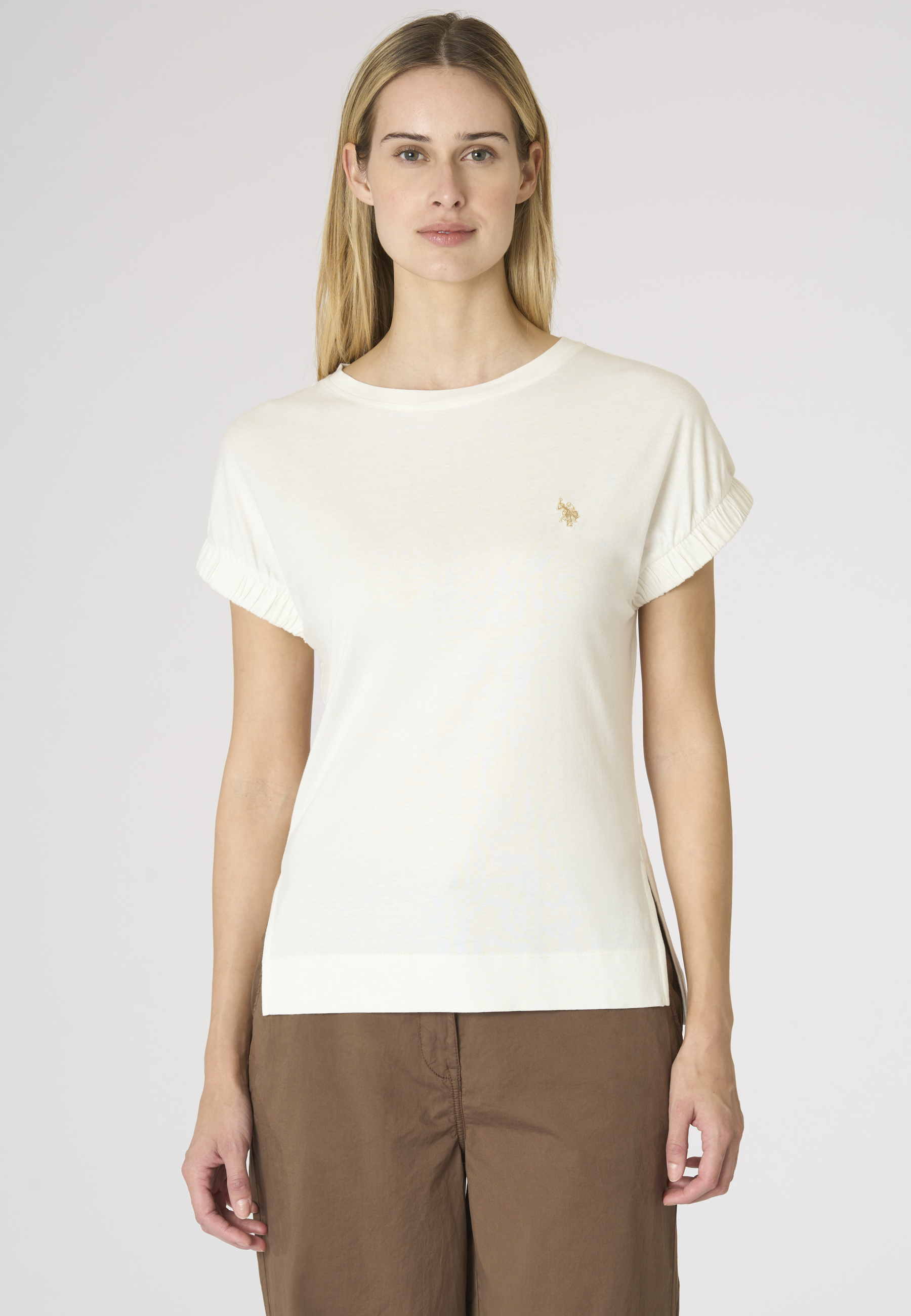 T-shirt da donna in misto cotone e viscosa con maniche arricciate