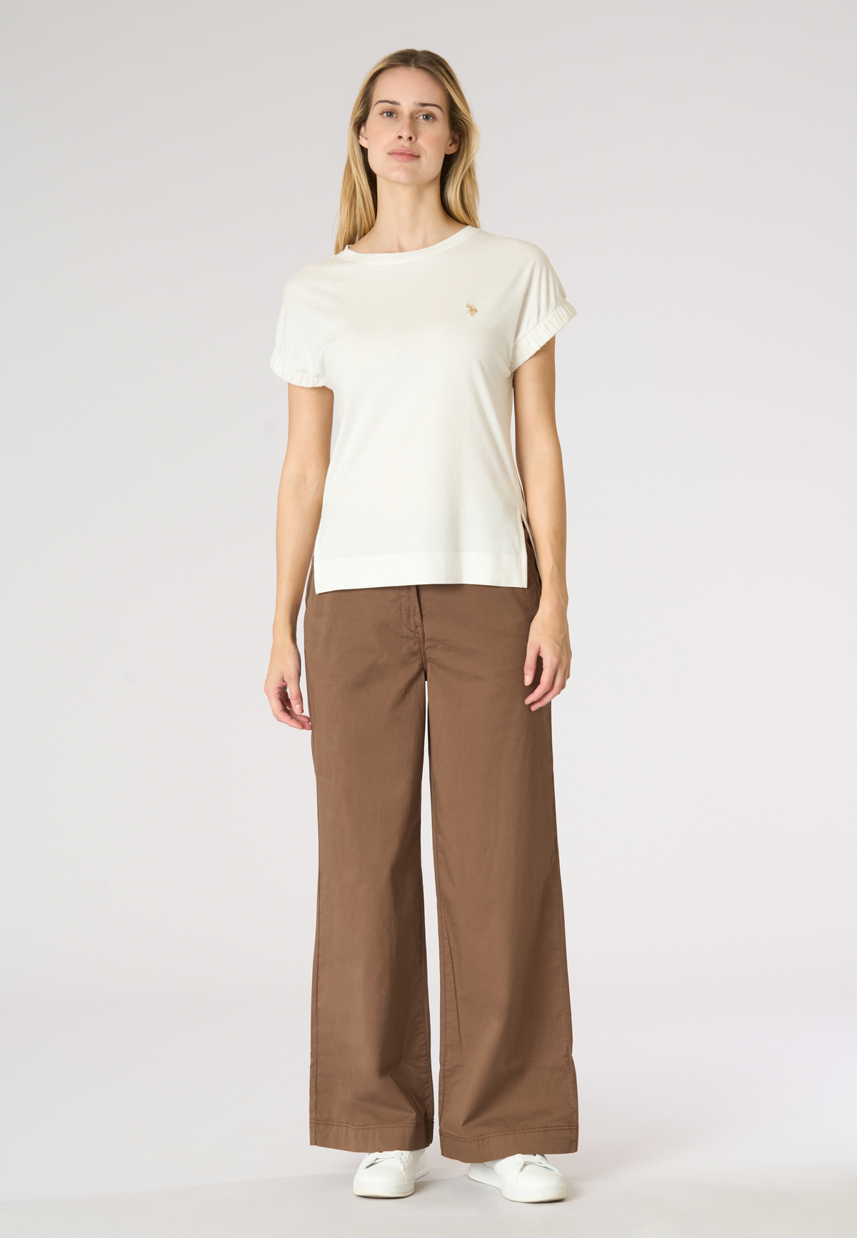 T-shirt da donna in misto cotone e viscosa con maniche arricciate
