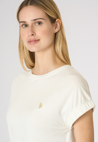 T-shirt da donna in misto cotone e viscosa con maniche arricciate