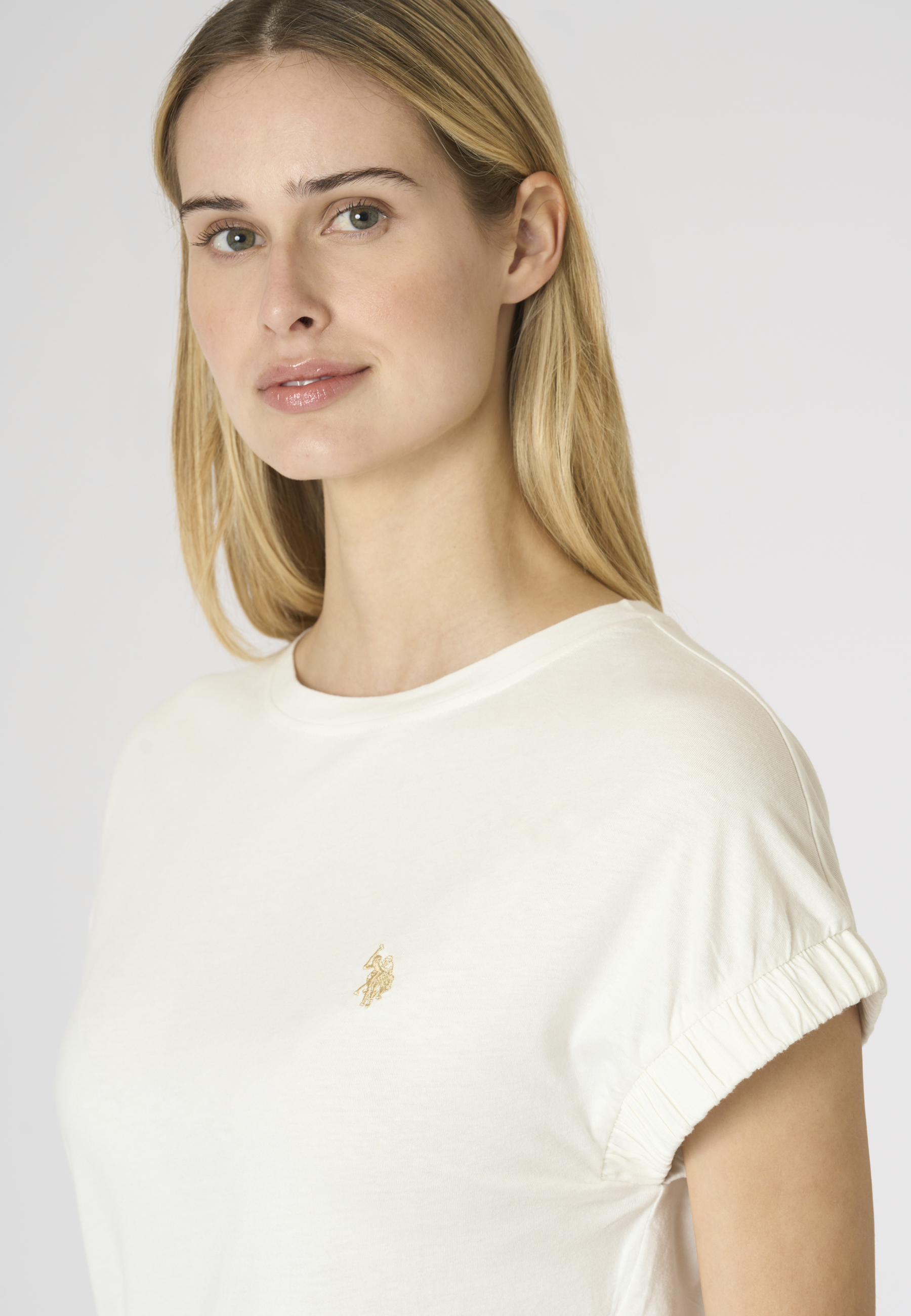 T-shirt da donna in misto cotone e viscosa con maniche arricciate