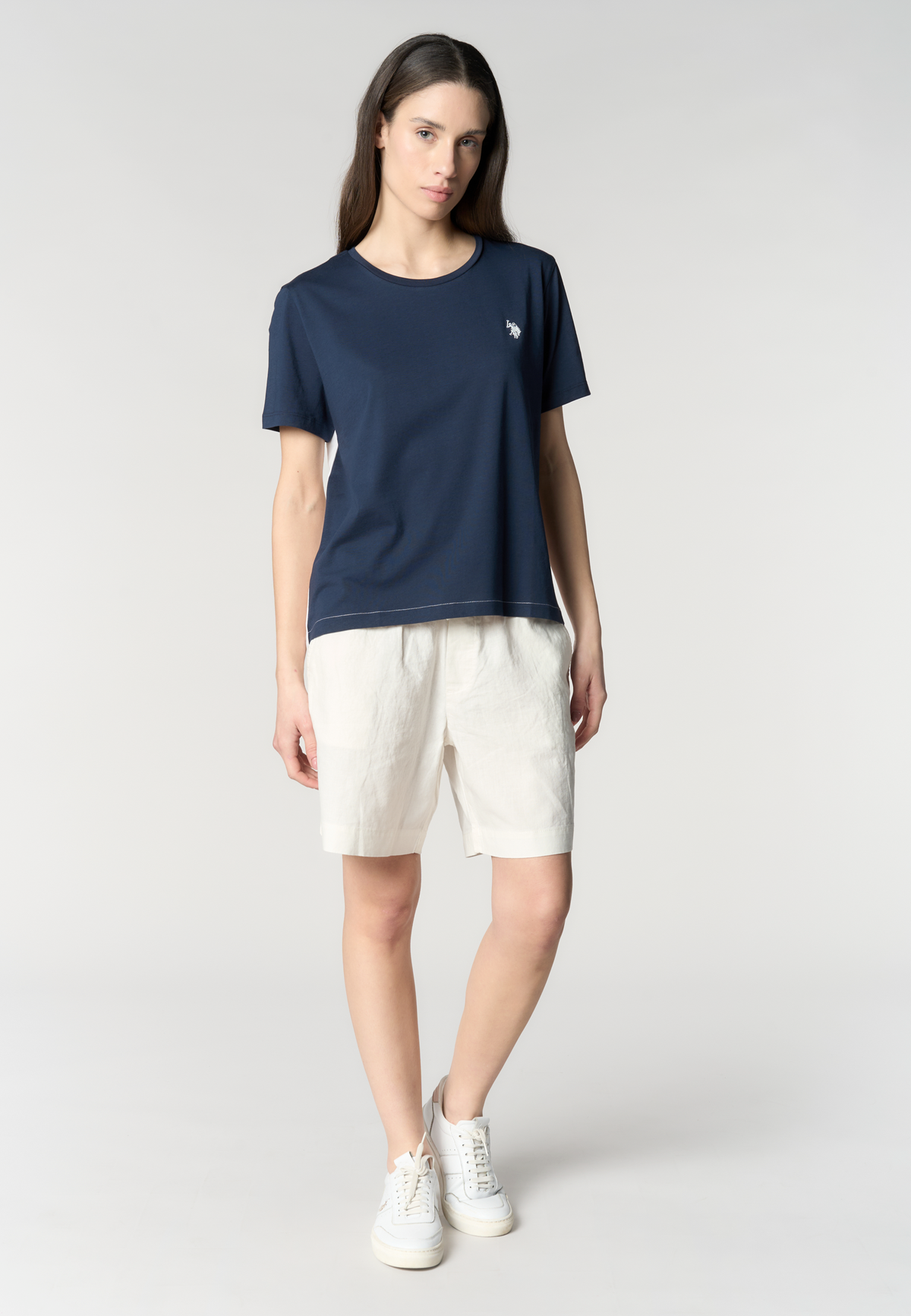 Shorts da donna in misto cotone e lino con vita elasticizzata e coulisse