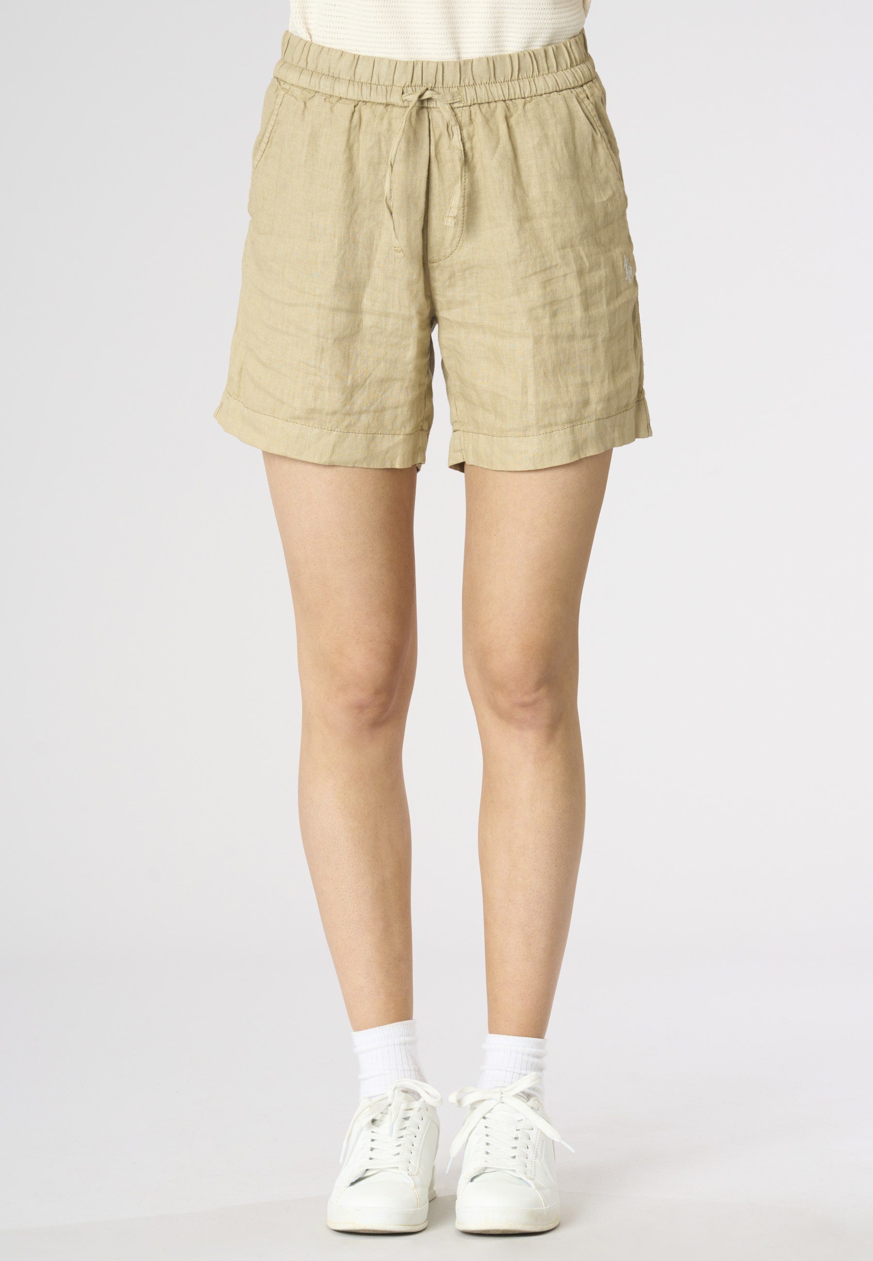 Shorts da donna in misto cotone e lino con vita elasticizzata e coulisse