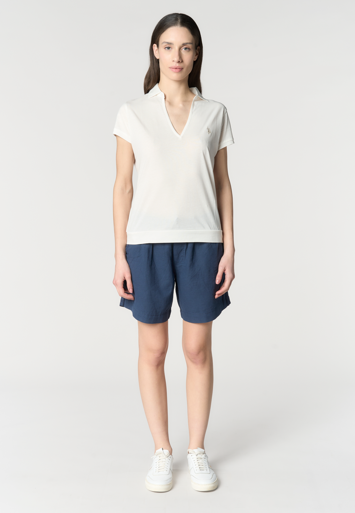 Shorts da donna in misto cotone e lino con vita elasticizzata e coulisse