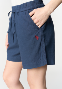 Shorts da donna in misto cotone e lino con vita elasticizzata e coulisse