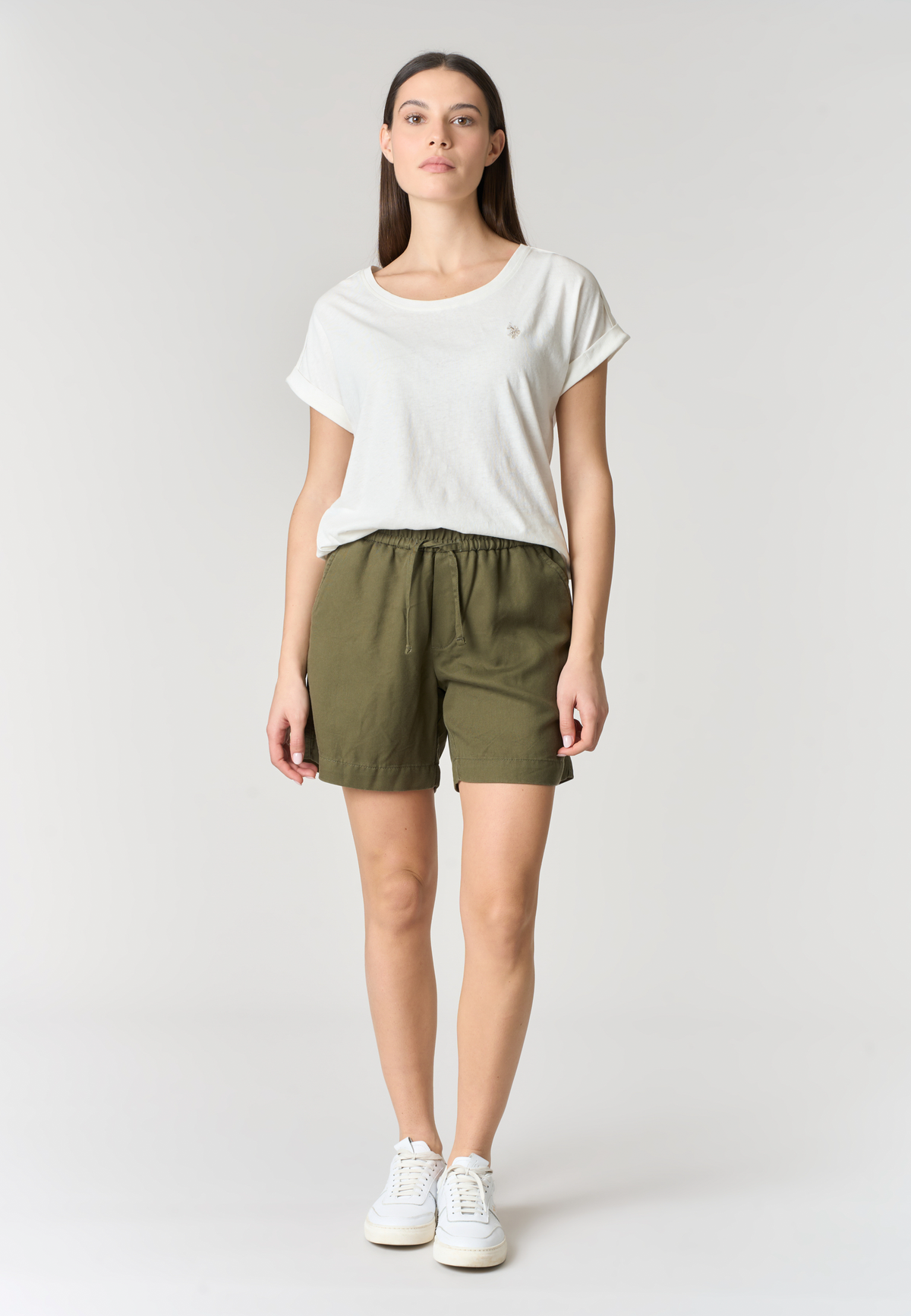 Pantalone corto in misto lyocell e cotone da donna con vita elasticizzata e coulisse