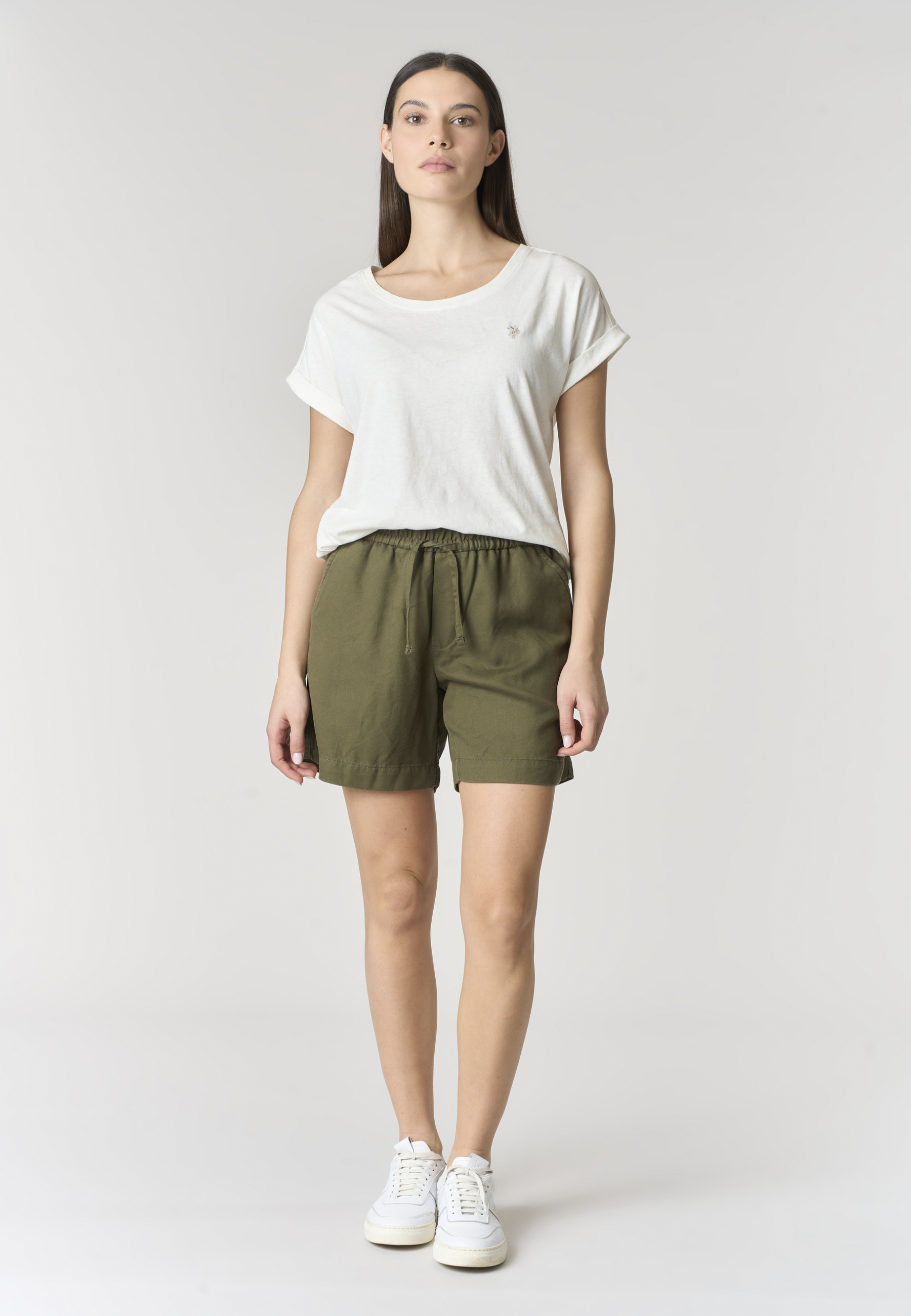 Pantalone corto in misto lyocell e cotone da donna con vita elasticizzata e coulisse