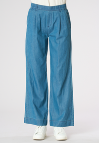 Pantalone denim da donna con elastico in vita e gamba ampia