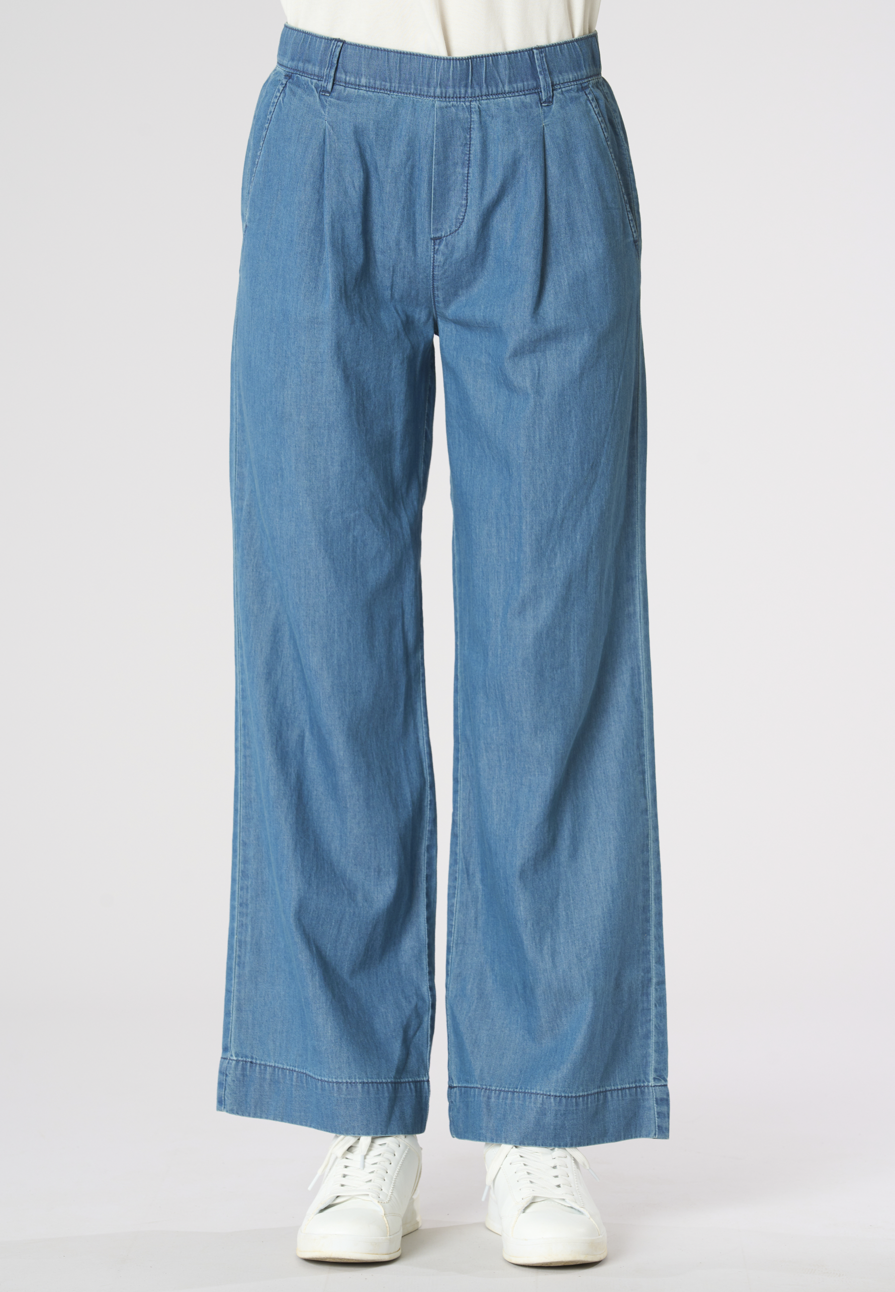 Pantalone denim da donna con elastico in vita e gamba ampia