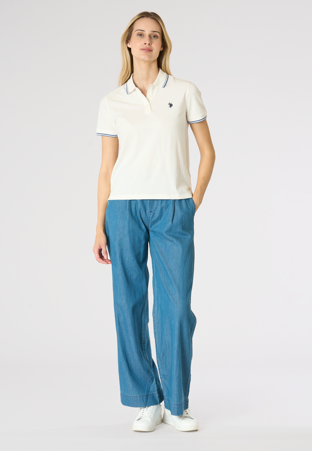 Pantalone denim da donna con elastico in vita e gamba ampia