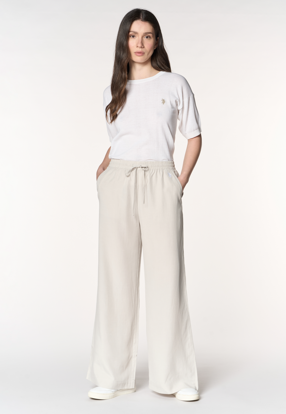 Pantaloni da donna in lyocell e lino con coulisse regolabile e gamba ampia