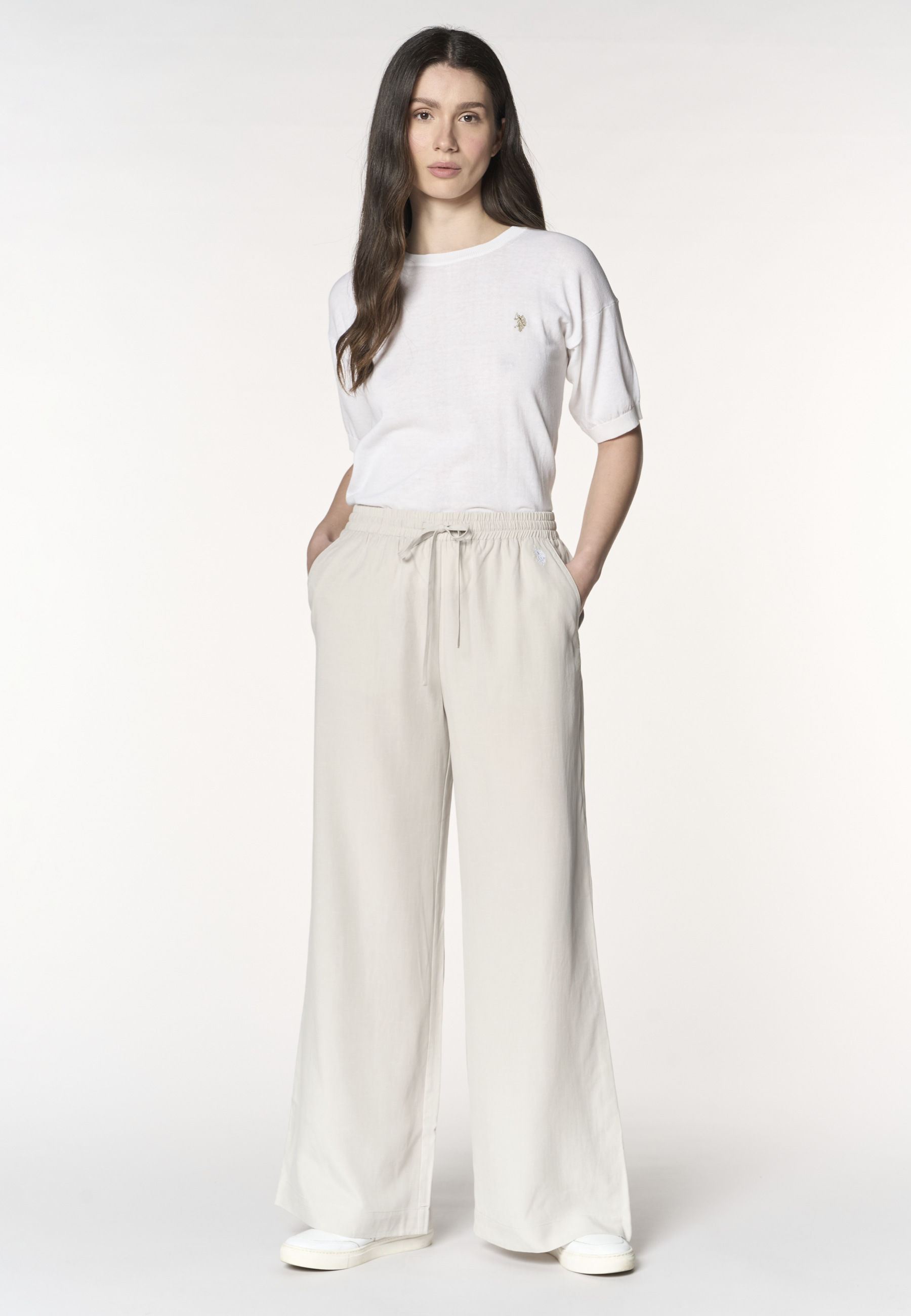 Pantaloni da donna in lyocell e lino con coulisse regolabile e gamba ampia