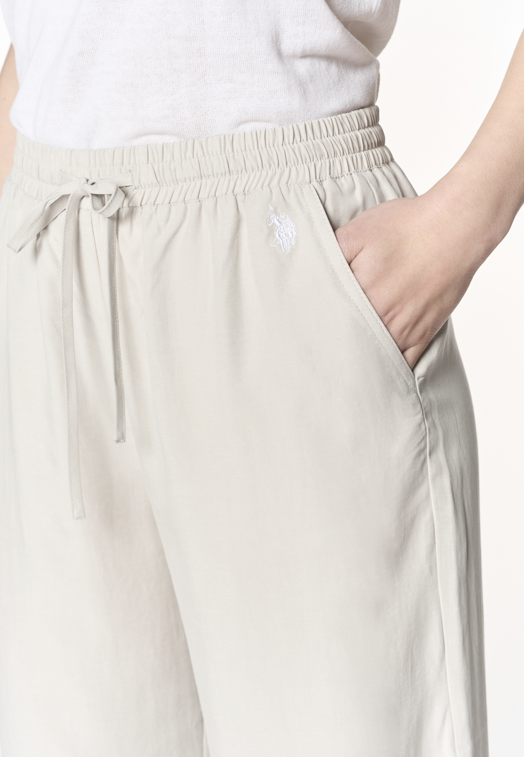 Pantaloni da donna in lyocell e lino con coulisse regolabile e gamba ampia