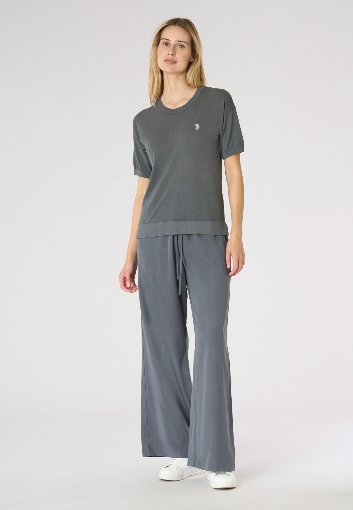 Pantaloni da donna in lyocell e lino con coulisse regolabile e gamba ampia