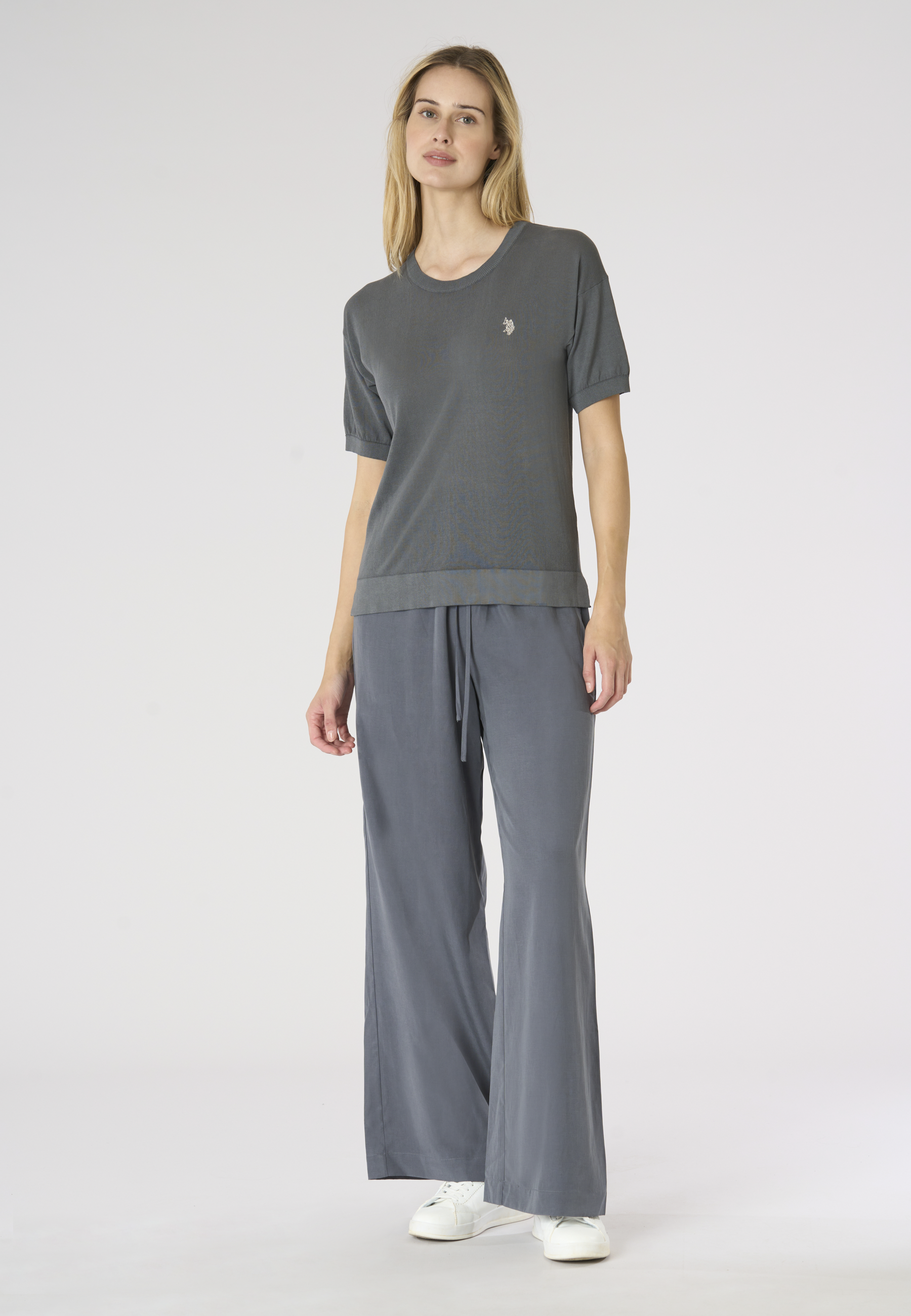 Pantaloni da donna in lyocell e lino con coulisse regolabile e gamba ampia