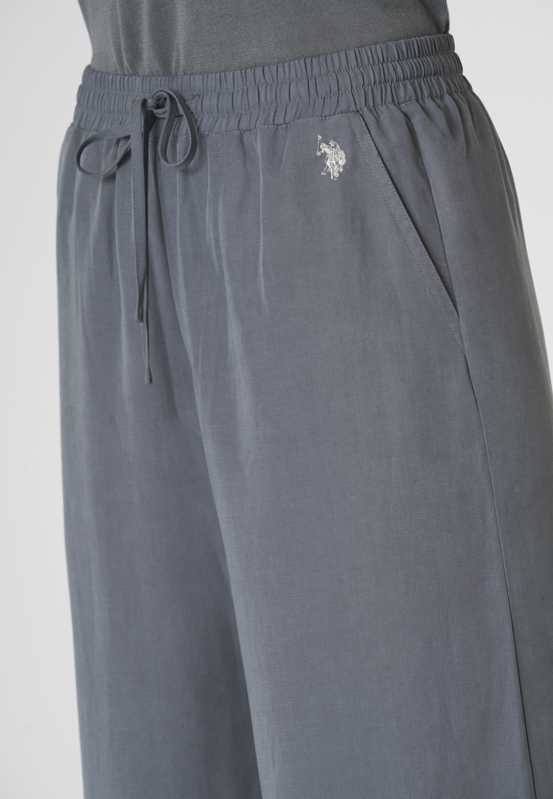 Pantaloni da donna in lyocell e lino con coulisse regolabile e gamba ampia