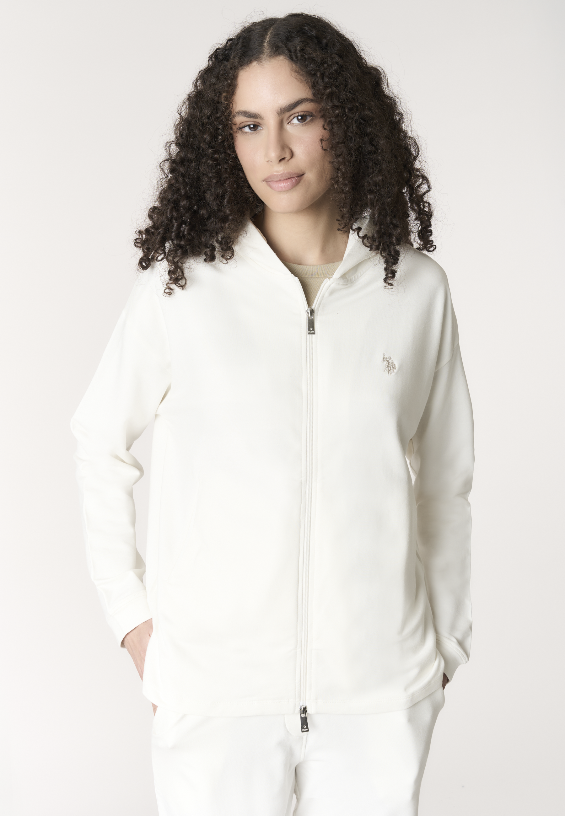 Felpa da donna full zip con cappuccio in misto cotone e modale