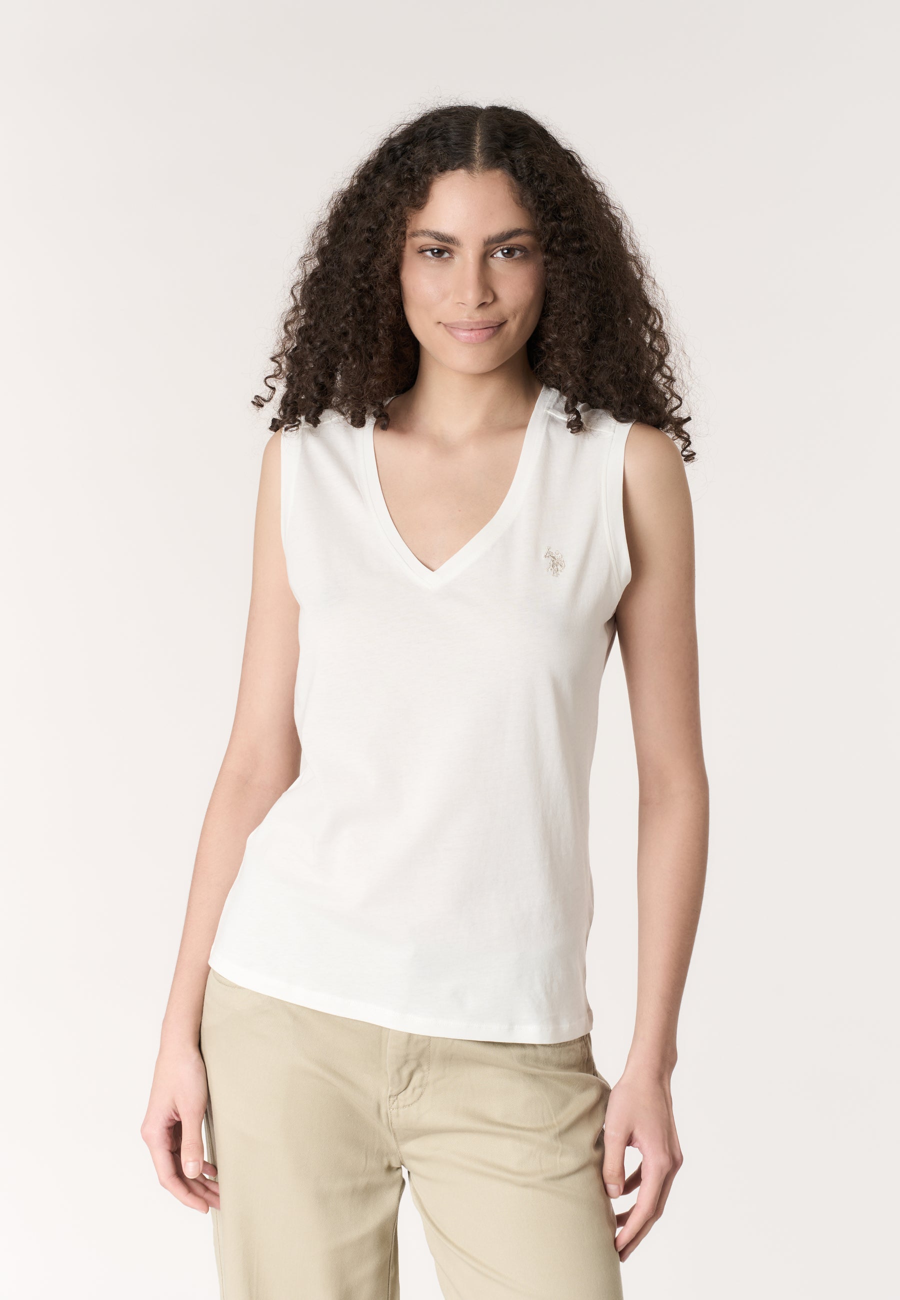 T-shirt smanicata in cotone con scollo a V