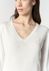 Maglia in cotone da donna con scollo a V e logo ricamato