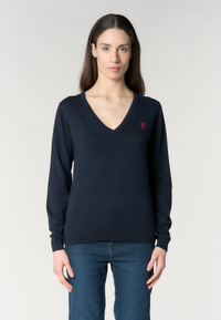 Maglia in cotone da donna con scollo a V e logo ricamato
