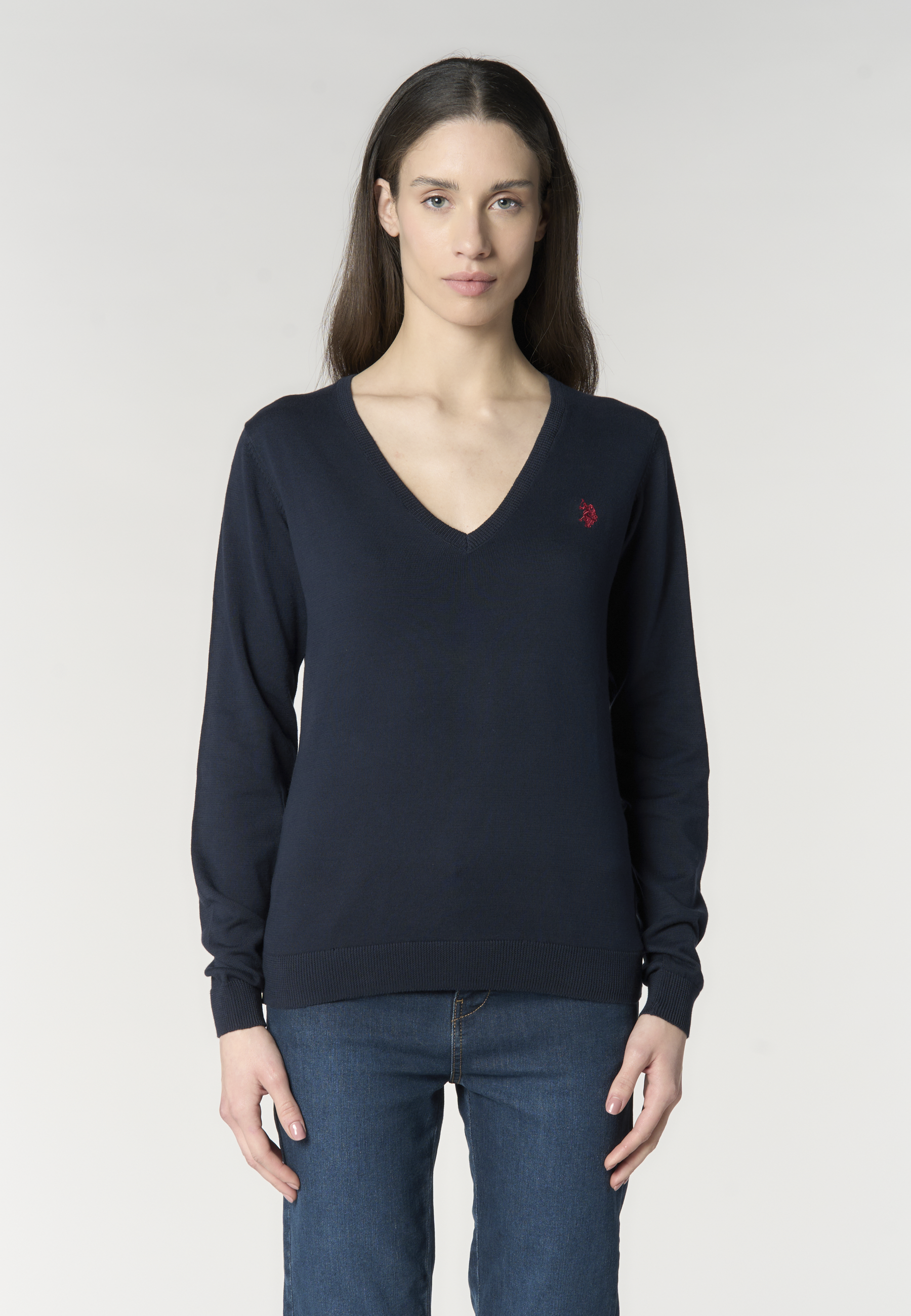 Maglia in cotone da donna con scollo a V e logo ricamato