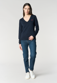 Maglia in cotone da donna con scollo a V e logo ricamato