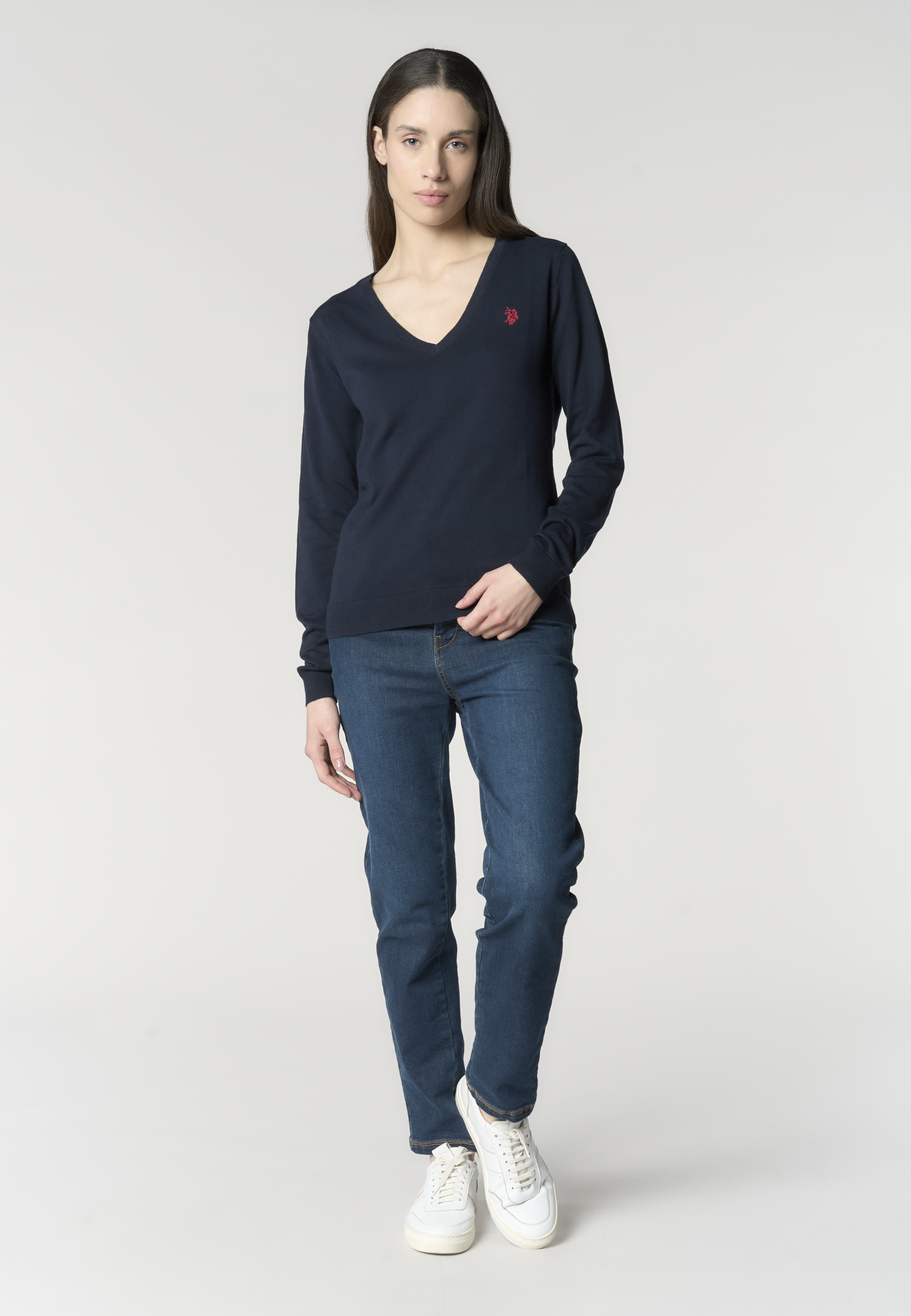 Maglia in cotone da donna con scollo a V e logo ricamato