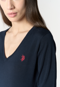 Maglia in cotone da donna con scollo a V e logo ricamato