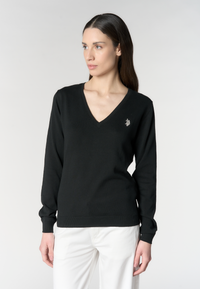 Maglia in cotone da donna con scollo a V e logo ricamato