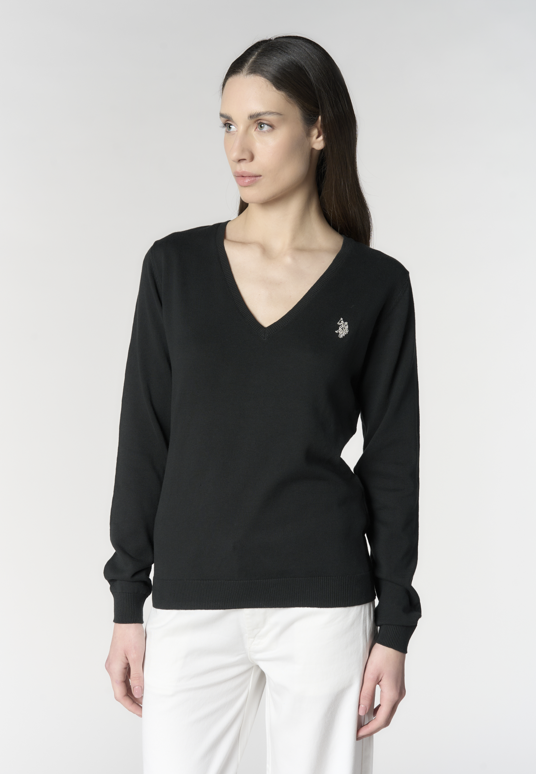 Maglia in cotone da donna con scollo a V e logo ricamato