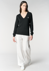 Maglia in cotone da donna con scollo a V e logo ricamato