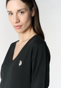 Maglia in cotone da donna con scollo a V e logo ricamato