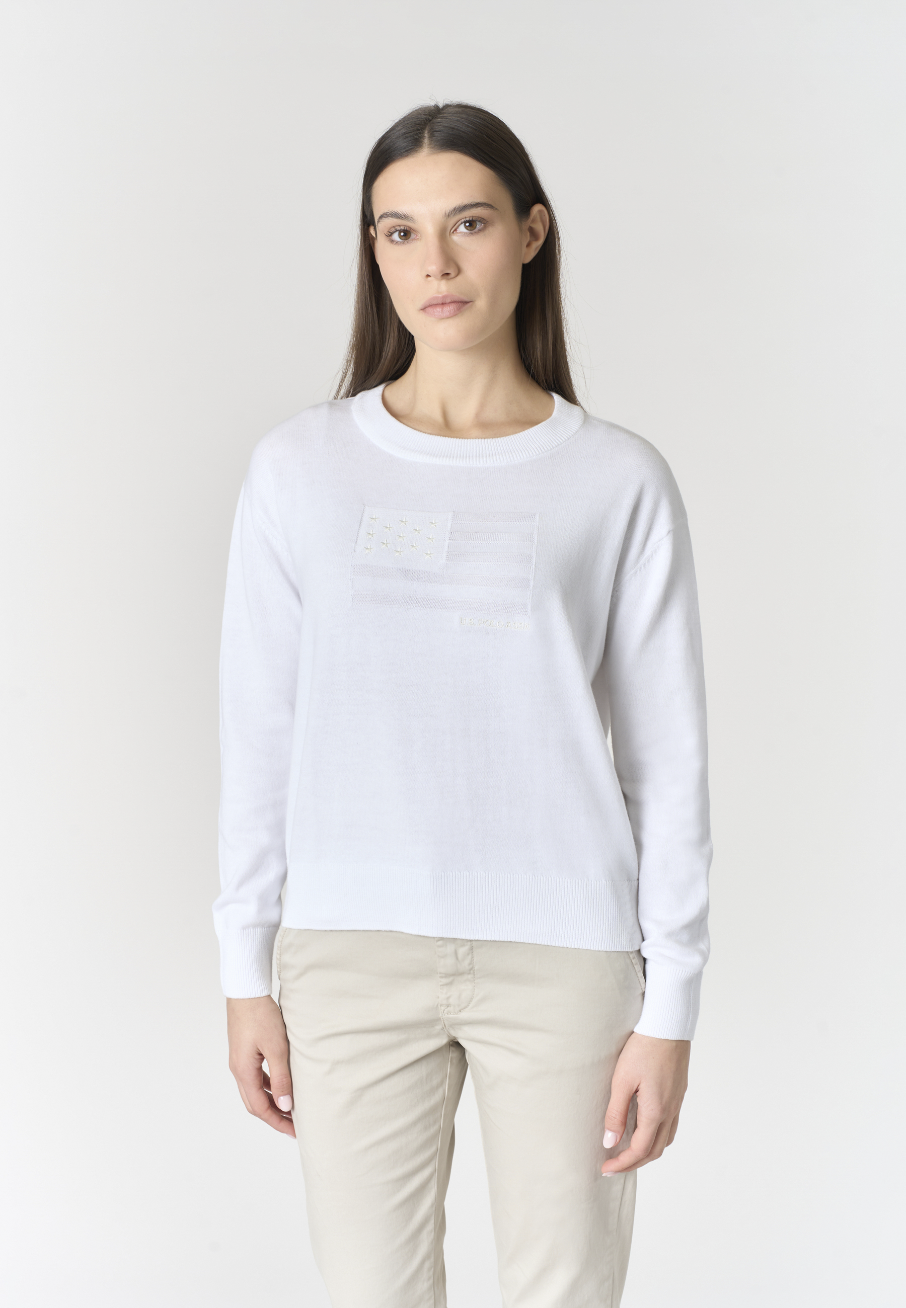 Maglia girocollo da donna in cotone con motivo bandiera tono su tono