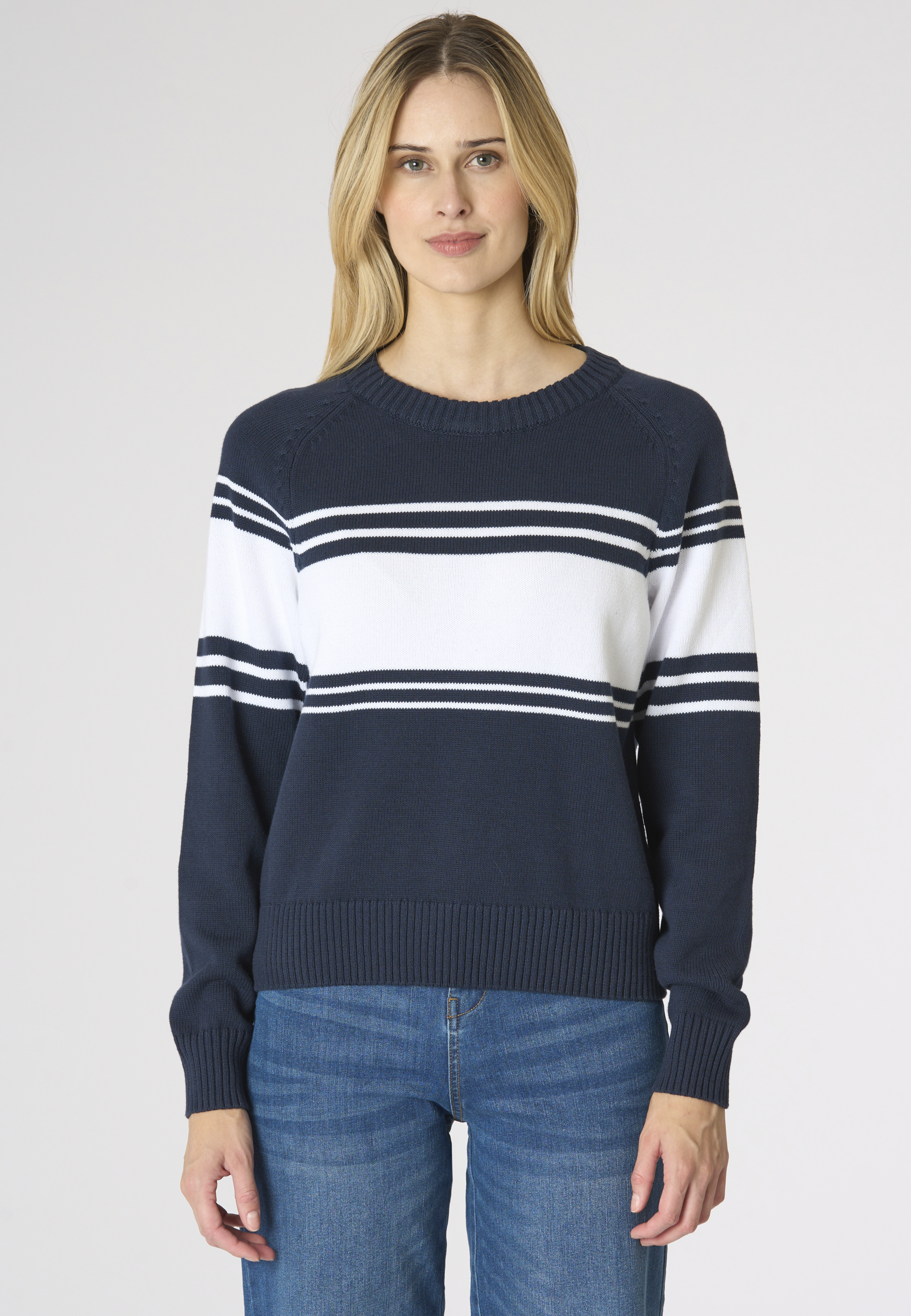 Maglia da donna in cotone con righe centrali a contrasto