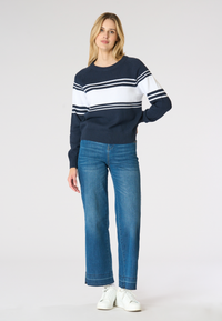 Maglia da donna in cotone con righe centrali a contrasto