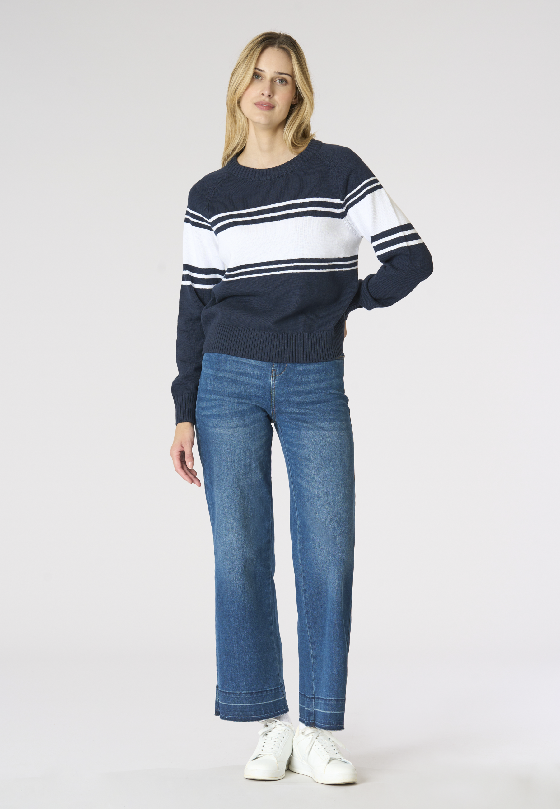 Maglia da donna in cotone con righe centrali a contrasto