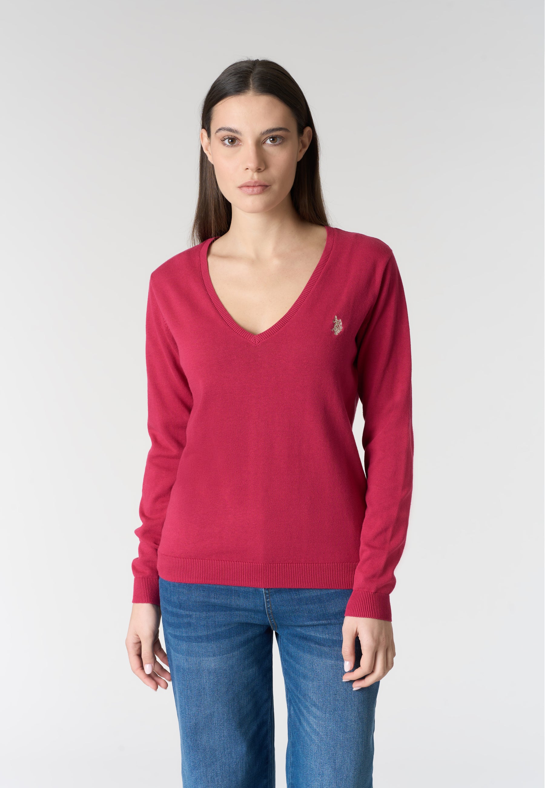 Maglia in cotone da donna con scollo a V e logo ricamato