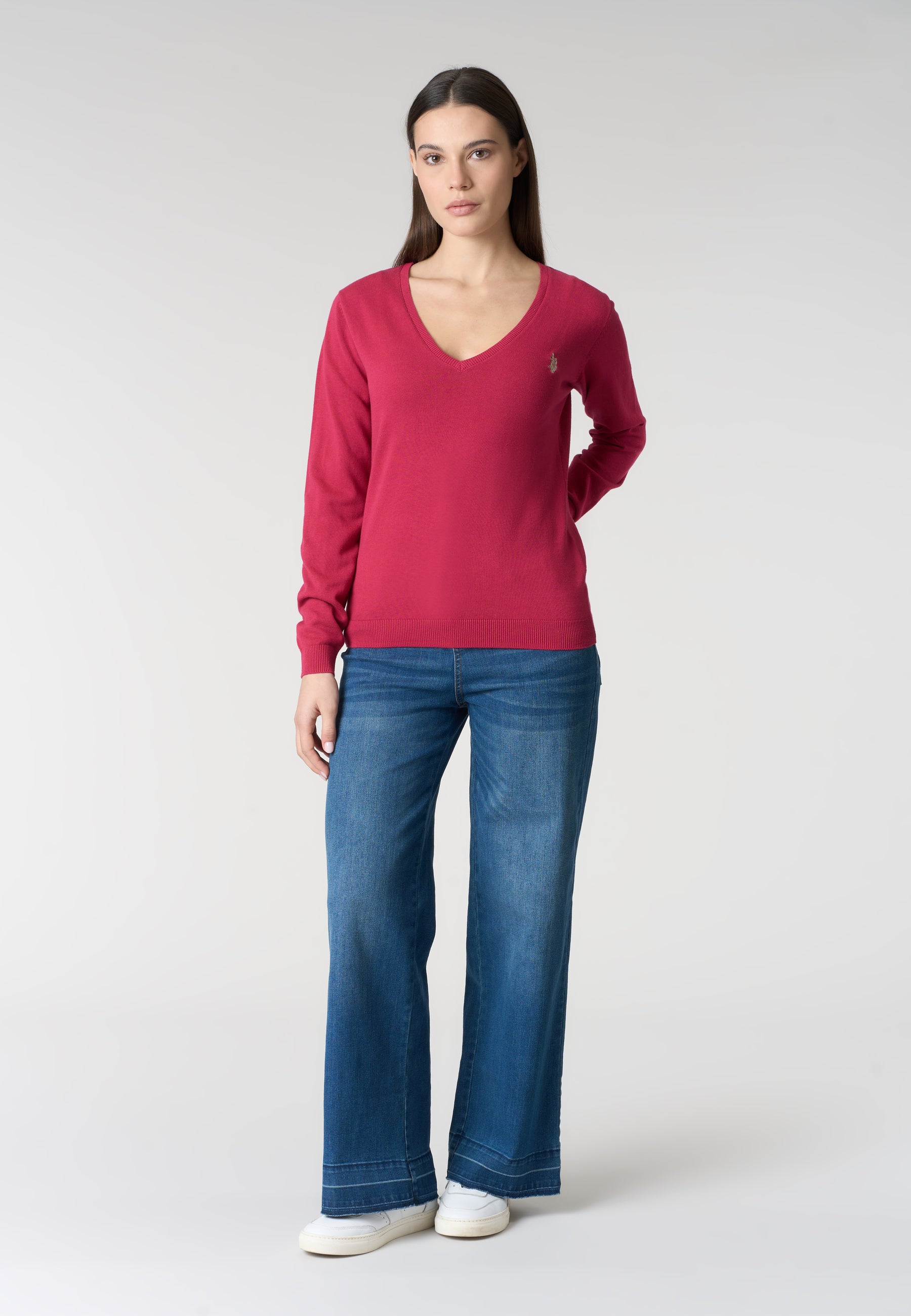 Maglia in cotone da donna con scollo a V e logo ricamato
