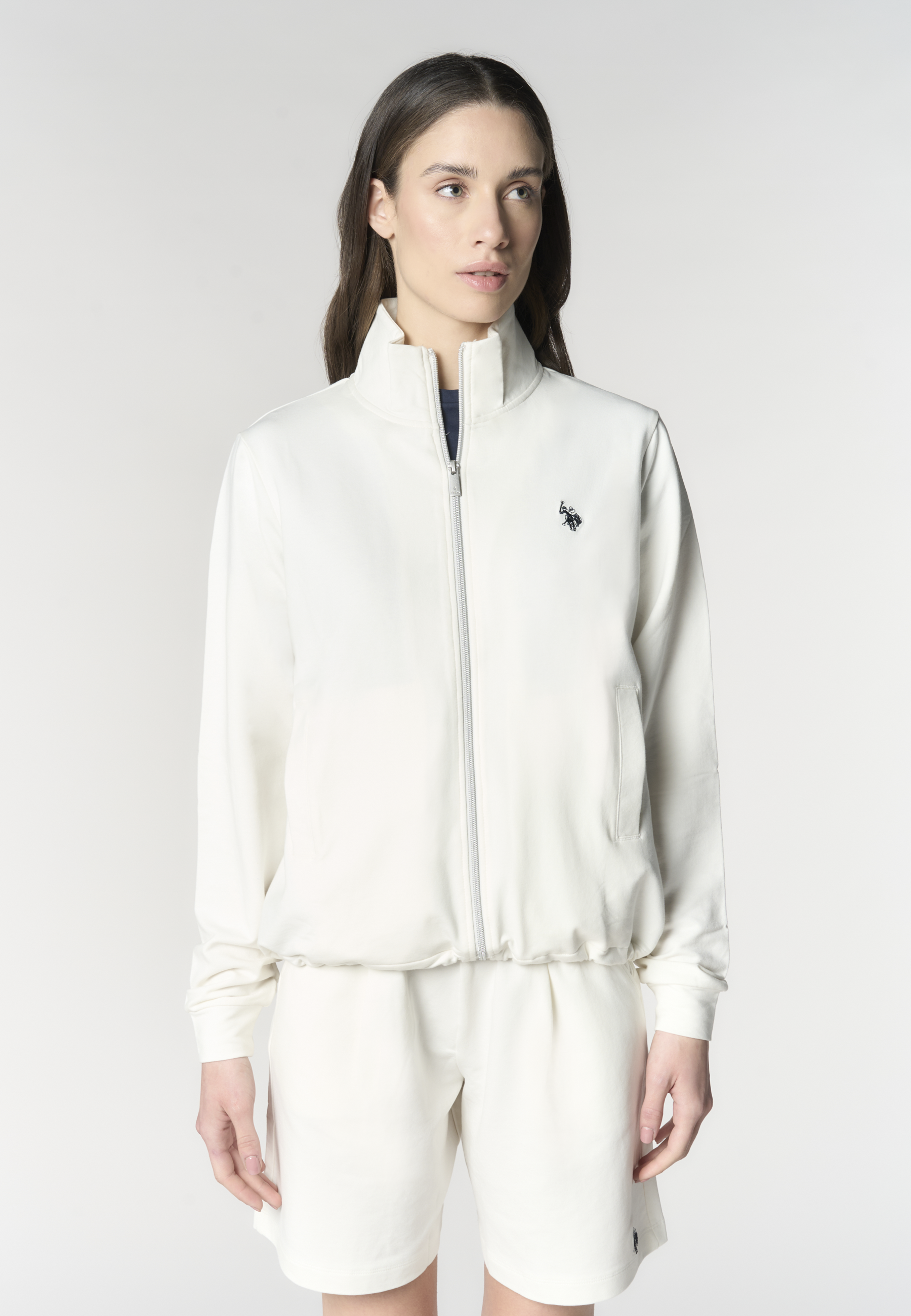 Felpa da donna con zip frontale e collo alto in cotone stretch