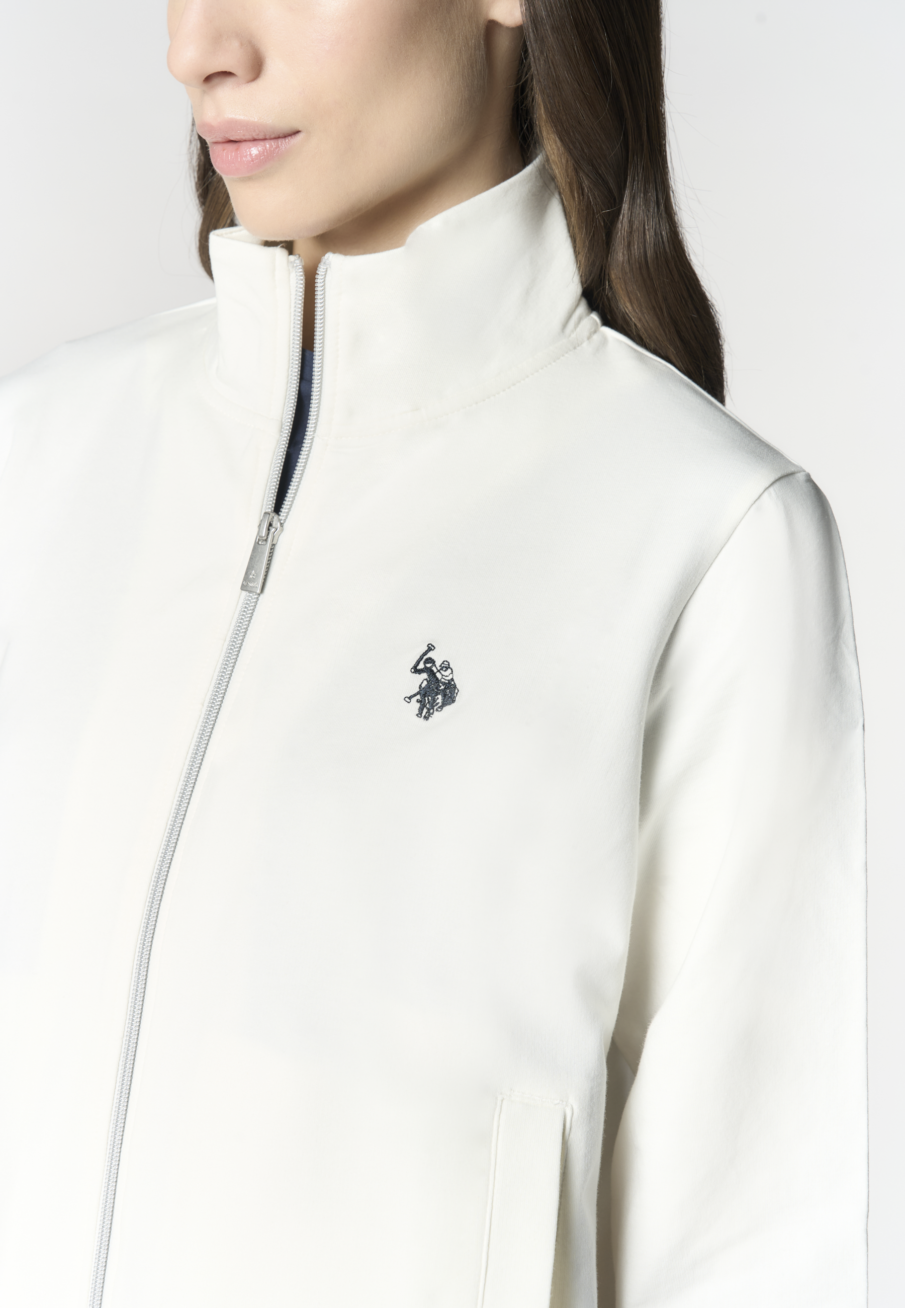 Felpa da donna con zip frontale e collo alto in cotone stretch