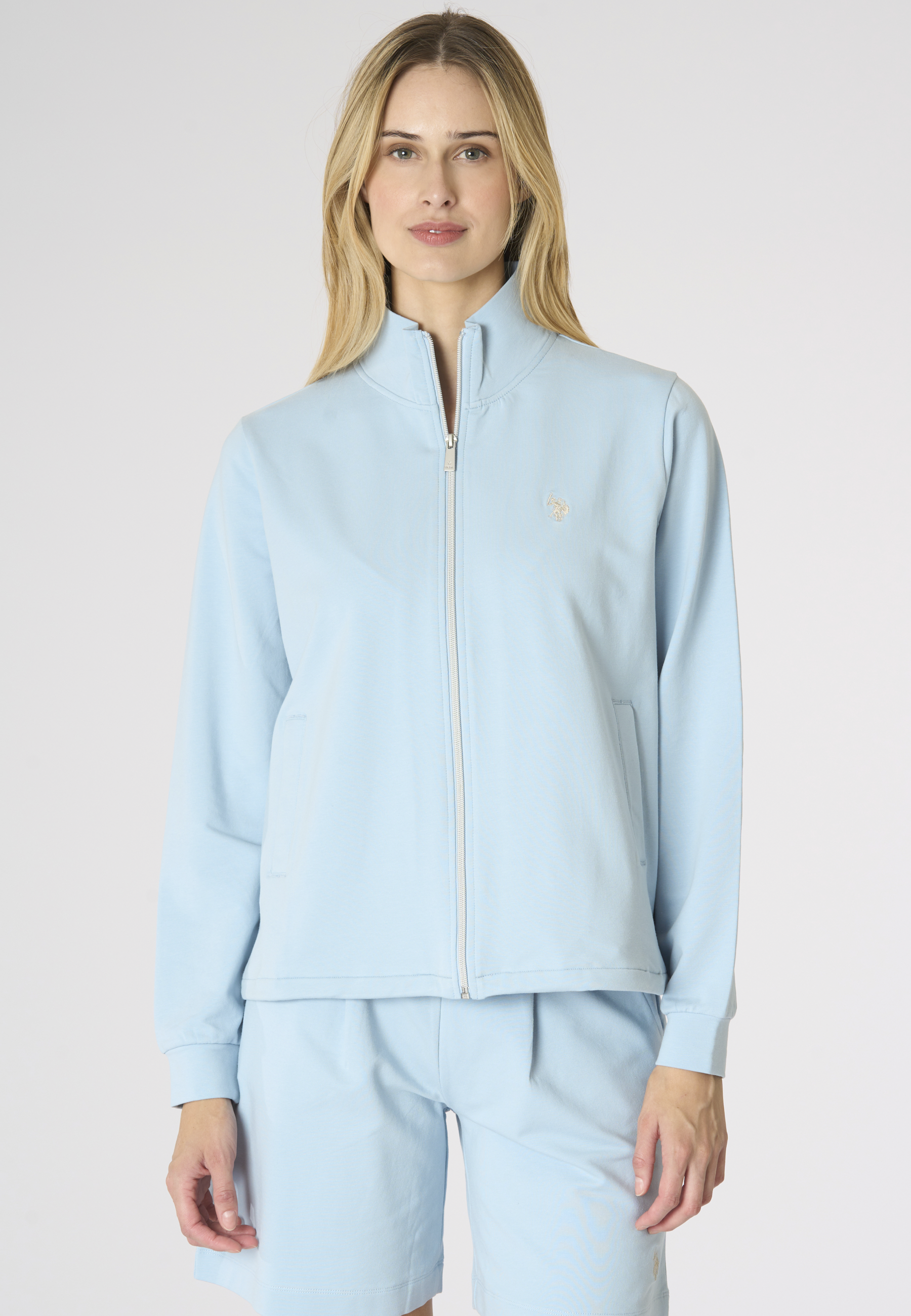 Felpa da donna con zip frontale e collo alto in cotone stretch