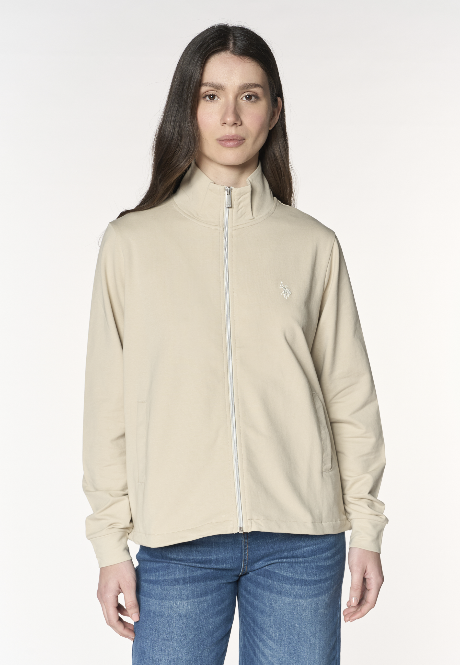 Felpa da donna con zip frontale e collo alto in cotone stretch