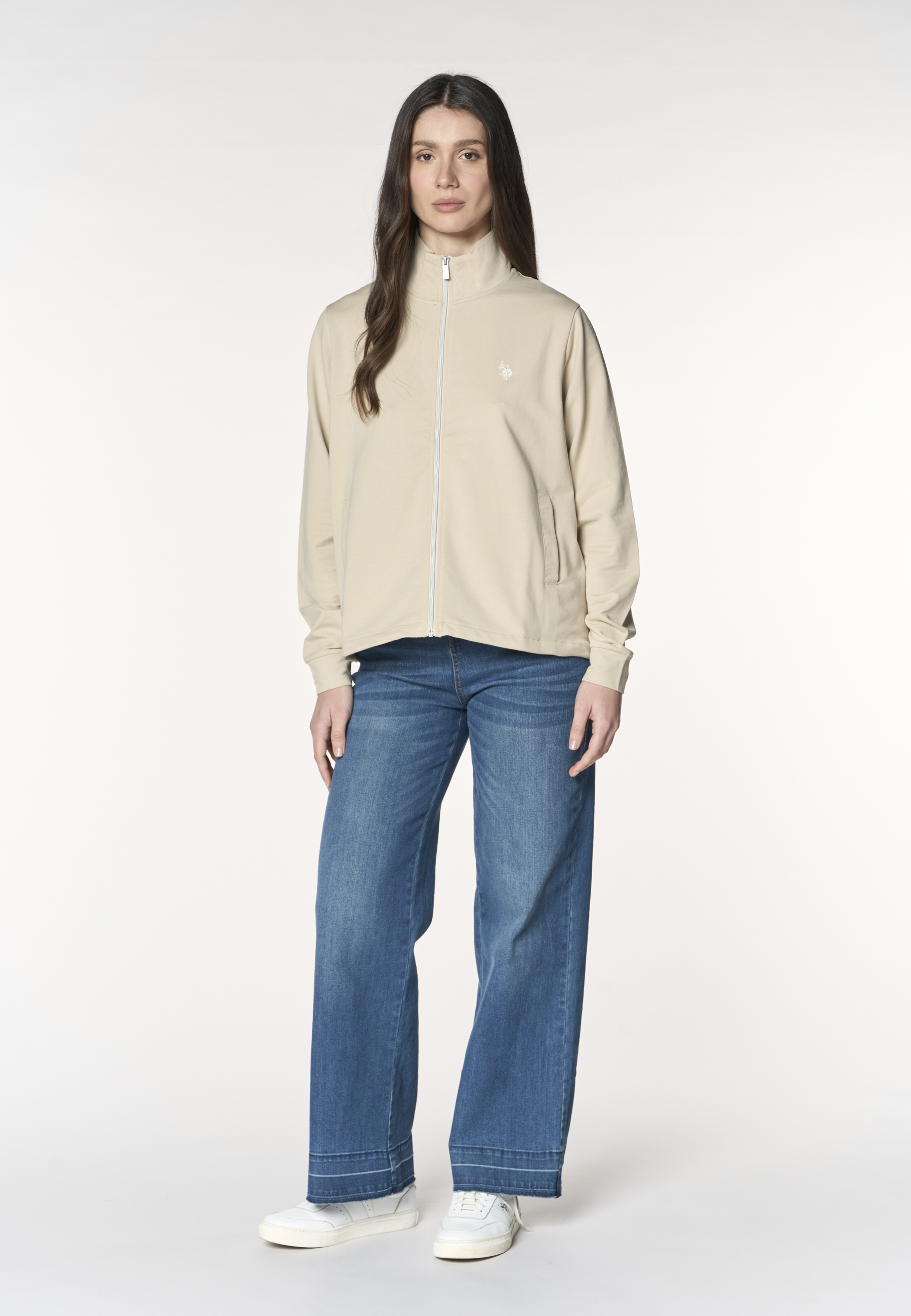 Felpa da donna con zip frontale e collo alto in cotone stretch