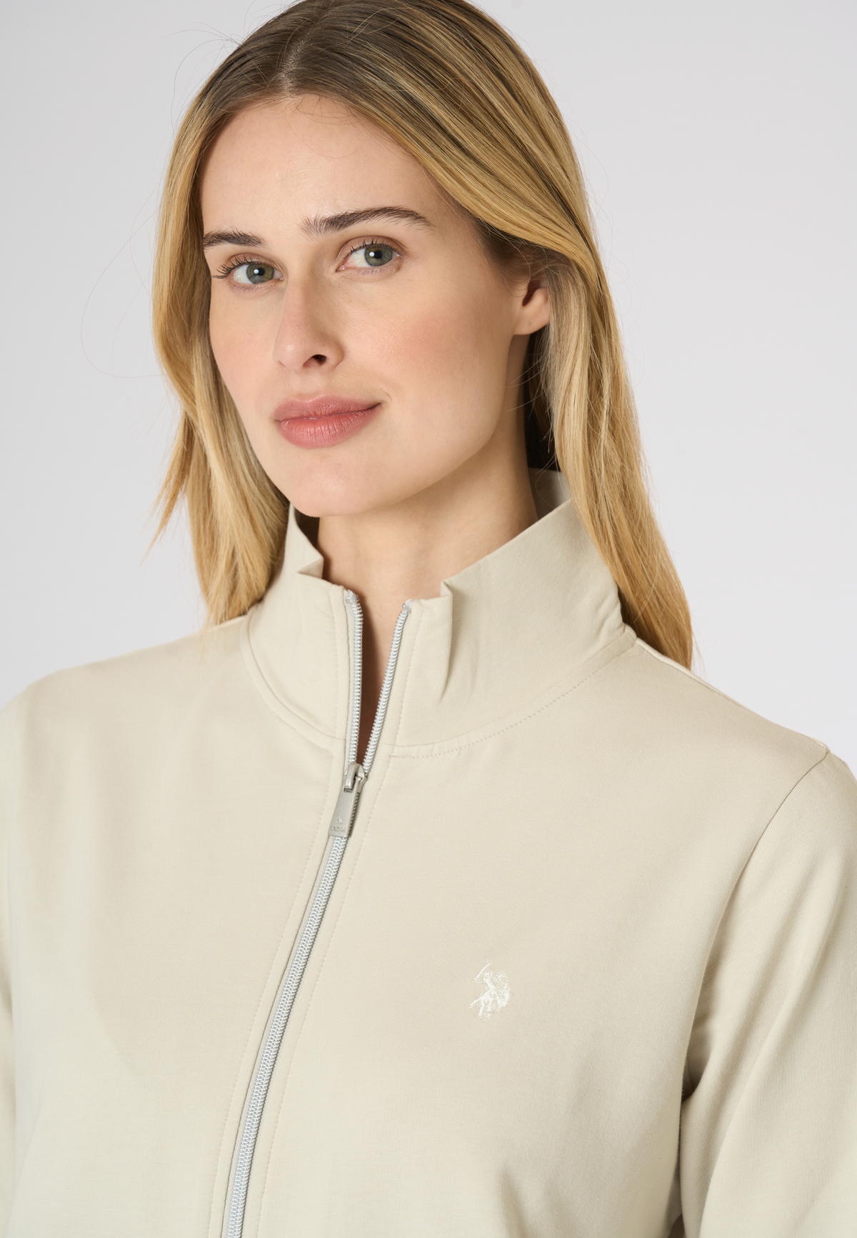 Felpa da donna con zip frontale e collo alto in cotone stretch