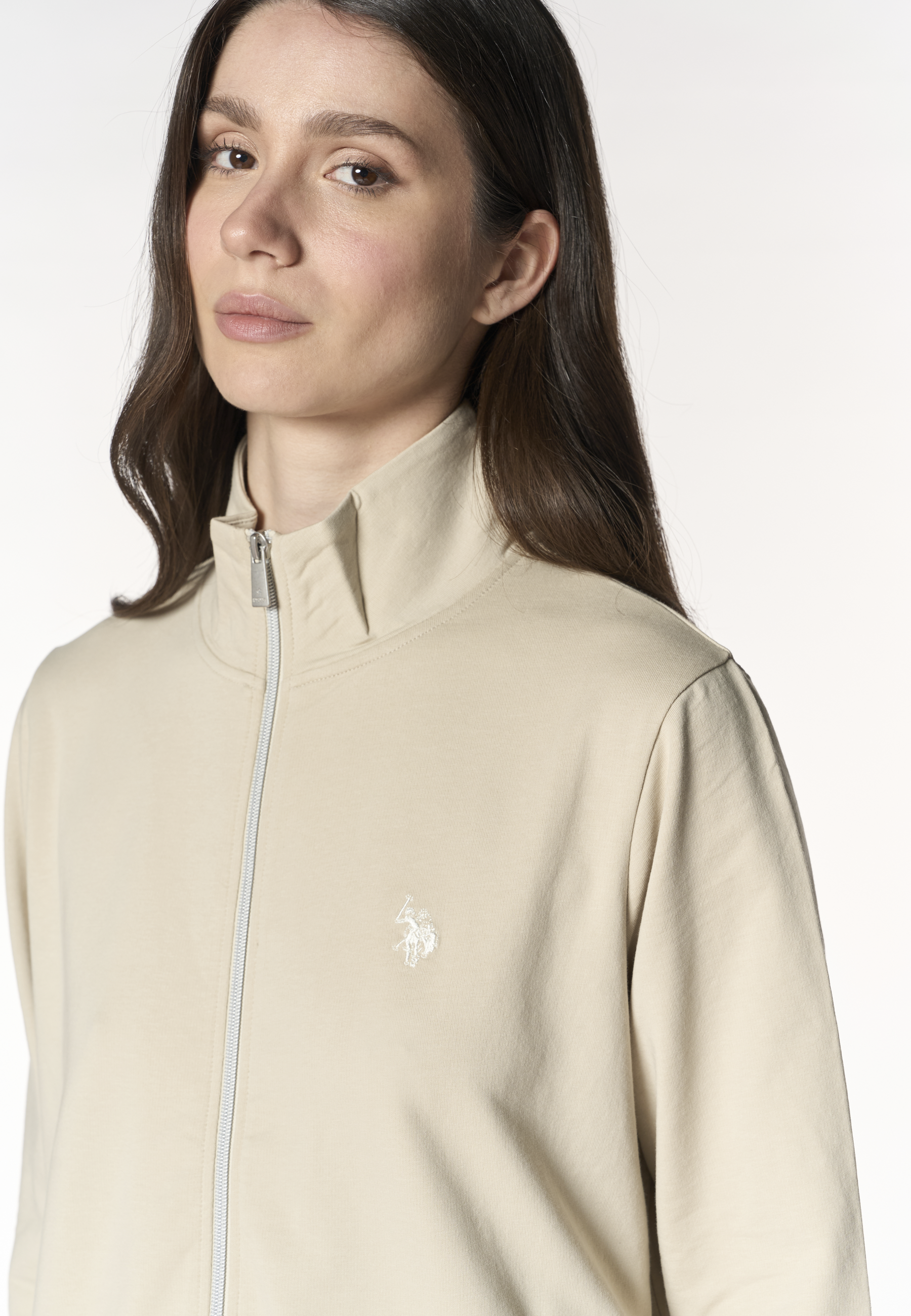 Felpa da donna con zip frontale e collo alto in cotone stretch